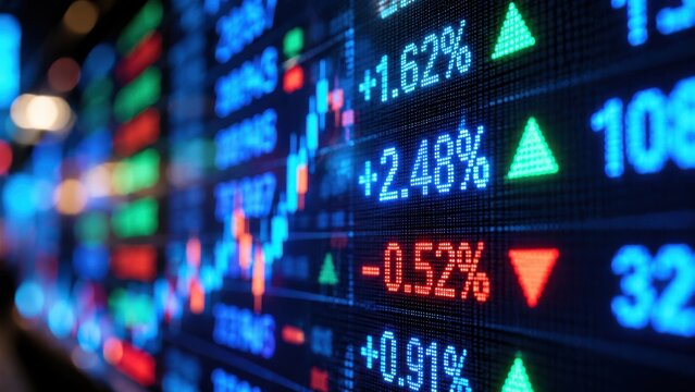 Financial stock market data and glowing charts on a dark display for business analysis.