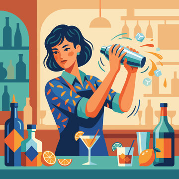Female bartender shaking cocktail at a stylish lounge bar.
