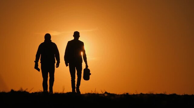 Silhouettes of two men walking across a field at sunset, carrying tools and supplies, in a dynamic shot.