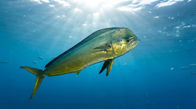 A vibrant mahi-mahi fish swims gracefully in the clear blue ocean, illuminated by sunbeams from the surface.