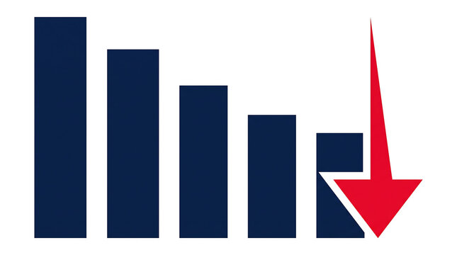 Decreasing bar chart with a red downward pointing arrow illustrating financial