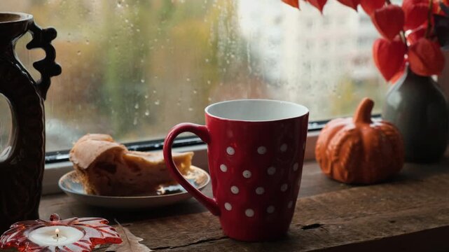 Autumn vibes. Cup of steaming tea on windowsill on rainy day. Warm and cozy fall mood. 