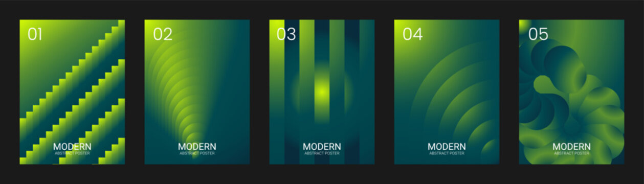 Green and dark teal gradient abstract poster templates set. Vector futuristic covers with stair steps, vertical grid lines and fluid spiral vortexes