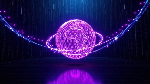 Futuristic globe design. Glowing lines form planet, digital rain background. Reflective surface suggests technology, innovation.