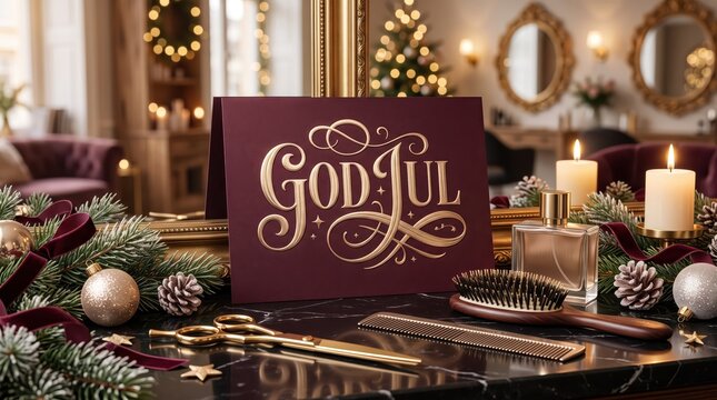 Luxury Swedish Christmas Greeting Card God Jul with Golden Hairdressing Scissors, Burgundy Velvet and Elegant Beauty Salon Decorations