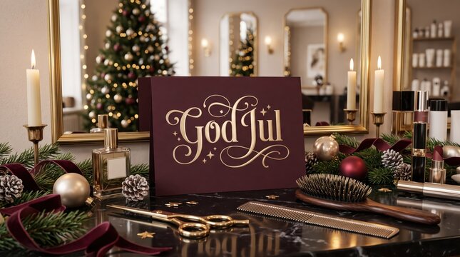 Luxury Swedish Christmas Greeting Card God Jul with Golden Hairdressing Scissors, Burgundy Velvet and Elegant Beauty Salon Decorations