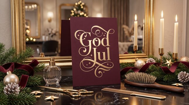 Luxury Swedish Christmas Greeting Card God Jul with Golden Hairdressing Scissors, Burgundy Velvet and Elegant Beauty Salon Decorations