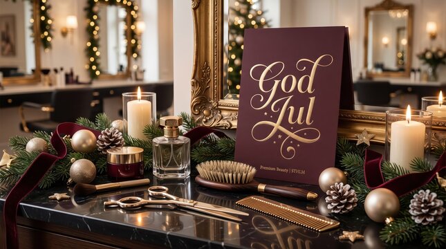 Luxury Swedish Christmas Greeting Card God Jul with Golden Hairdressing Scissors, Burgundy Velvet and Elegant Beauty Salon Decorations