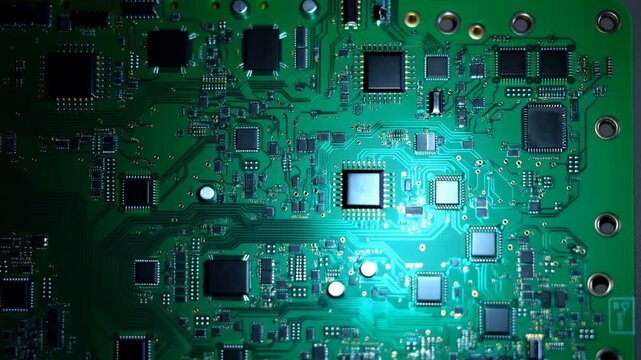 Green printed circuit board with black microchips remains fixed in top-down view as bright cyan light sweeps from left to right across fine traces, solder points, and electronic components