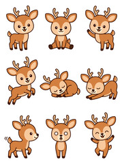 Fototapeta premium Cute deer character vector illustration set showing diverse playful poses and expressions for creative design projects in flat style art