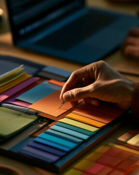 Hand Pinning Paper Swatch Beside Fabric Sample for Creative Brand Planning in Creative Studio Setting