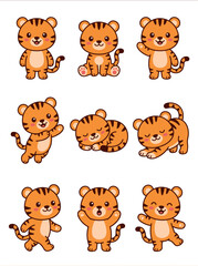 Obraz premium Cute cartoon tiger vector illustration set featuring various adorable poses, playful expressions, and vibrant orange fur patterns for design projects