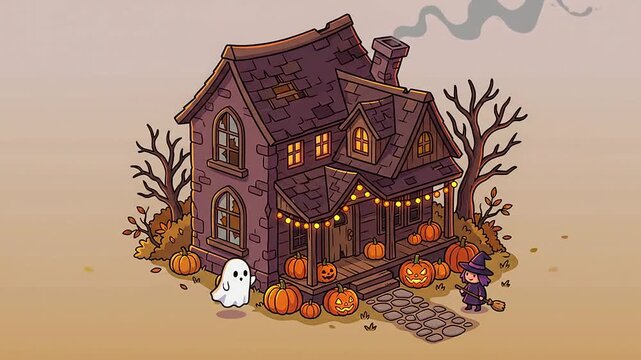 Animated haunted house with cute ghost and witch celebrating halloween