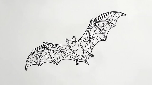 Continuous line art drawing of a flying bat flapping wings on white