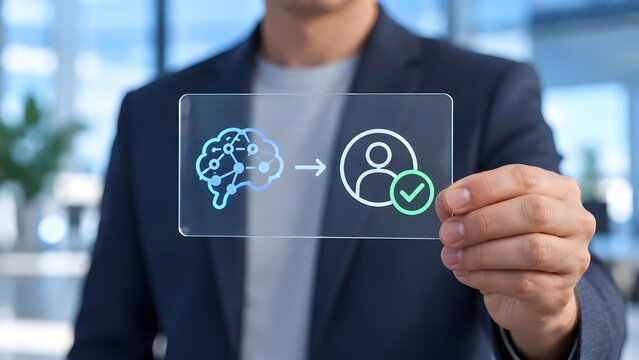 Businessman holding transparent card displaying digital brain network pointing to approved user profile icon, representing AI verification and human approval
