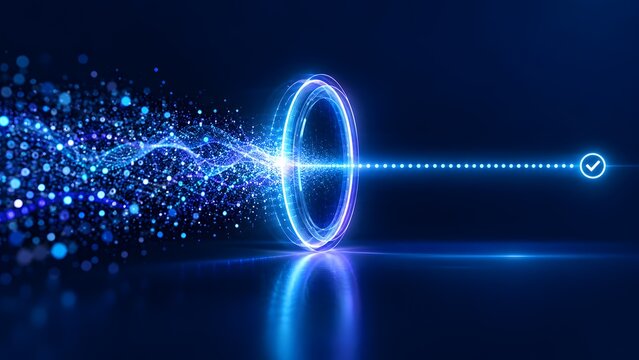 Chaotic blue data particles passing through a glowing circular filter portal into a clean validated stream with a checkmark, symbolizing data cleansing