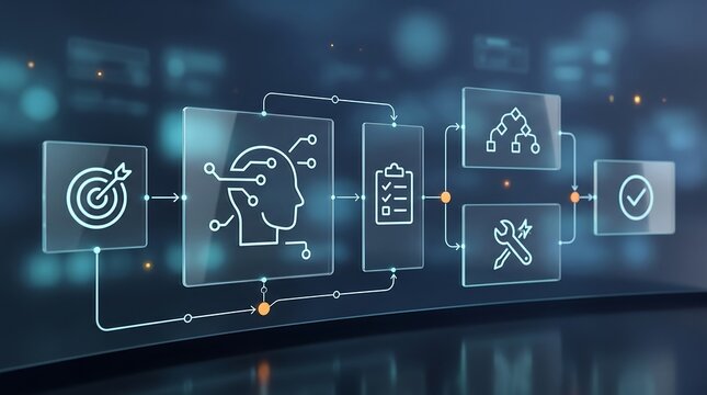 Workflow automation diagram featuring artificial intelligence brain processing data into strategic project steps and final goal achievement in a professional business software environment