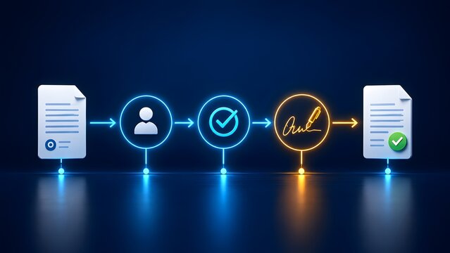 Digital document approval workflow showing user review, verification checkmark, glowing electronic signature, and final contract validation