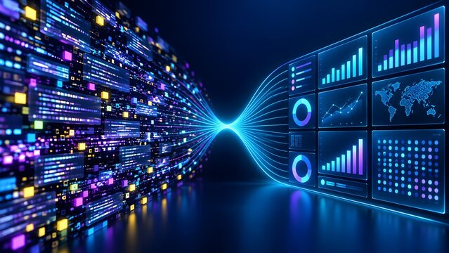 Raw fragmented code and data blocks converging into an organized analytics dashboard with charts and world map for business intelligence