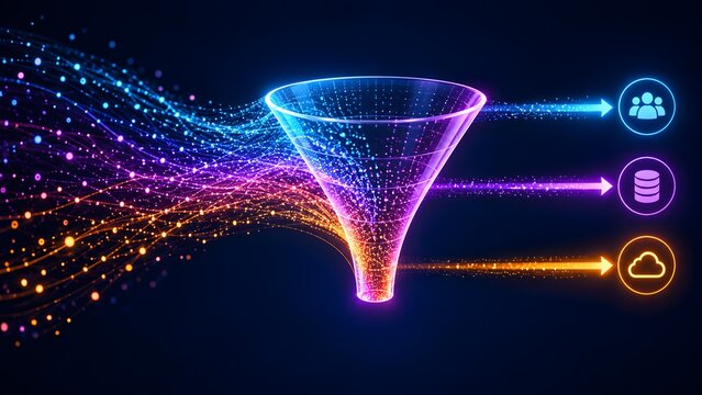 Glowing data streams passing through a digital funnel into user, database, and cloud icons, illustrating data segmentation and lead conversion