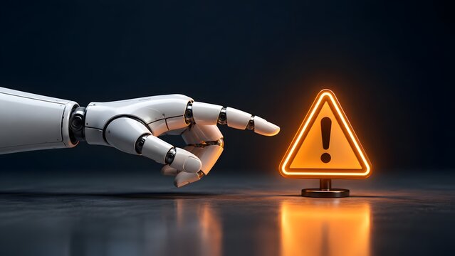 White robotic hand pointing at a glowing orange warning triangle icon on a dark desk, representing AI threat detection and automated risk alert
