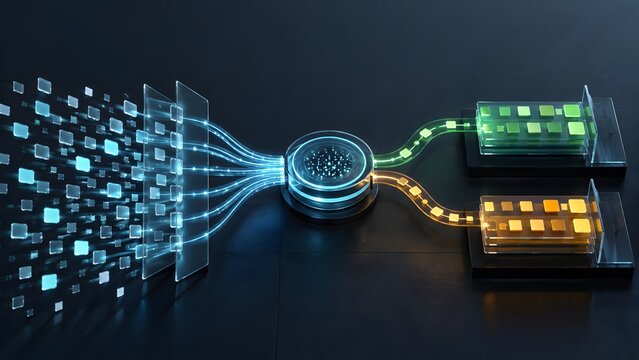 Digital data blocks passing through glass filters and a central processing hub into sorted green and orange trays, illustrating data classification