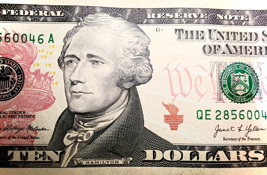 United States ten dollar bill portrait of Alexander Hamilton close up photo stock photo