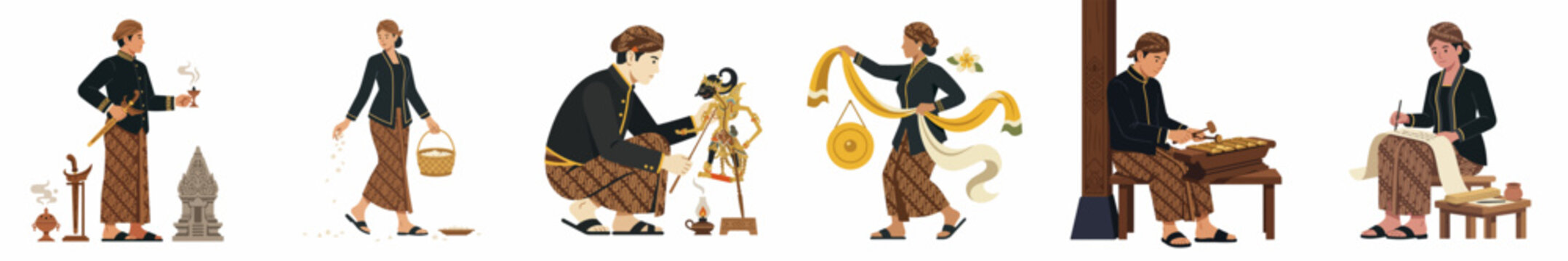 Vector illustrations of people in traditional Javanese attire performing cultural activities like batik making, gamelan playing, and wayang kulit puppetry on white background.