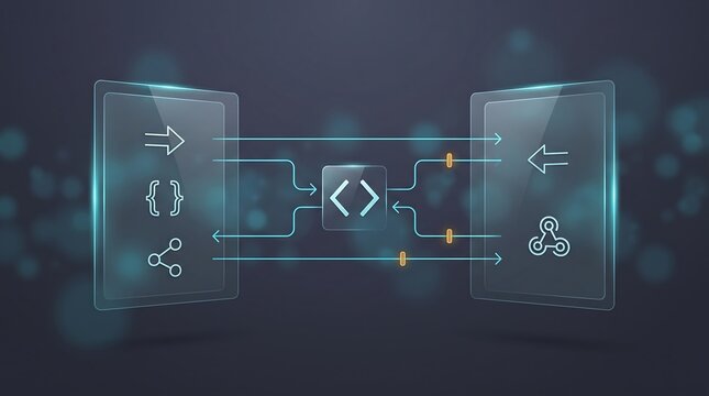 Digital data processing hub with code and network icons on glass panels connected by arrows representing seamless information transfer and modern software integration architecture