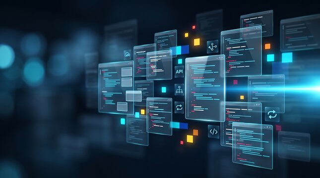 Software development coding interface with floating digital code blocks and api integration symbols for modern web application backend architecture and cloud computing infrastructure visualization