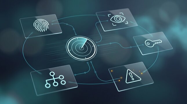 Cybersecurity data protection and identity verification concept with biometric fingerprint scanner and eye retina detection symbols for secure access control and information system safety