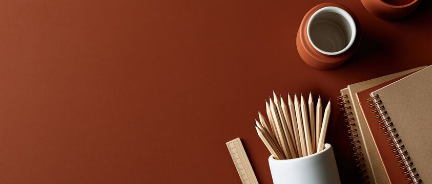 Creative workspace styled in warm terracotta tones pencil holder, spiral notebooks, wooden ruler, and ceramic cup arranged for back to school or designer desk content with generous copy space.