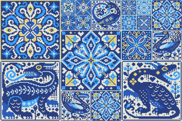 Pixel Art Blue and White Folk Pattern with Geometric Ornaments Mediterranean Tile © marinavorona