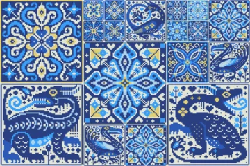 Pixel Art Blue and White Folk Pattern with Geometric Ornaments Mediterranean Tile © marinavorona