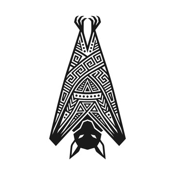 Stylized hanging bat illustration with geometric tribal patterns in black and white