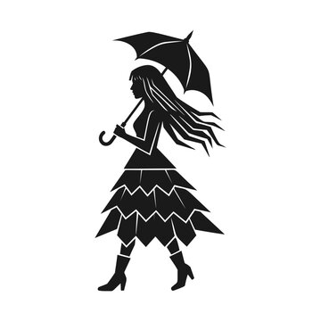 Silhouette of a woman walking with an umbrella wearing a pleated skirt and boots