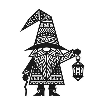 Stylized gnome illustration with intricate geometric patterns holding a glowing lantern