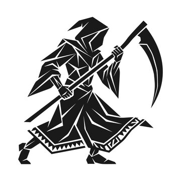 Stylized graphic illustration of a grim reaper character holding a scythe in a dark cloak