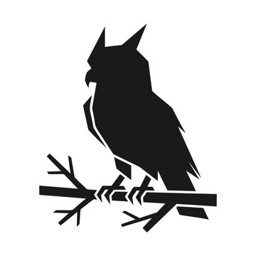 Minimalist black silhouette of a Great Horned Owl perched on a branch