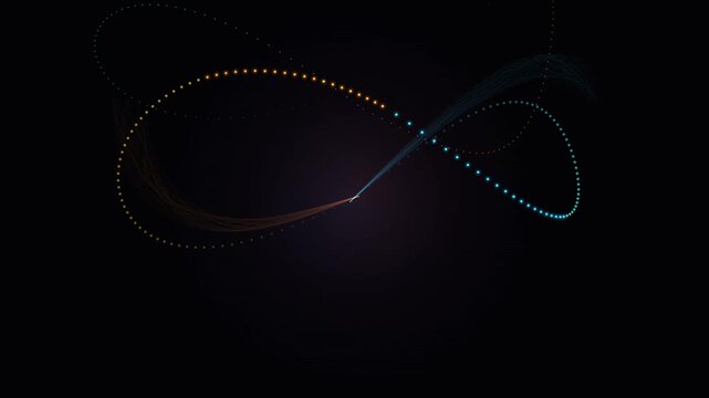 Abstract glowing neon particle trails flowing in smooth curves against a dark tech background loop