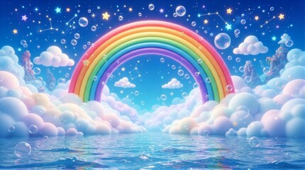 Obraz premium Vibrant rainbow arches over fluffy clouds. Bubbles float gently in the starlit sky. Soft clouds drift above sparkling water. The scene feels dreamy and peaceful