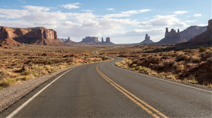 Fototapeta premium Winding road cuts through arid desert landscape. Majestic rock formations rise in background. Sky holds scattered clouds above. Desert brush lines the asphalt edges