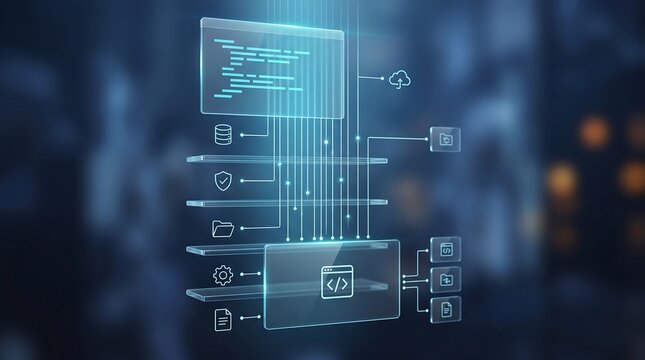 Software architecture diagram showing layered data processing and code integration with various development icons representing modern cloud-based application backend systems