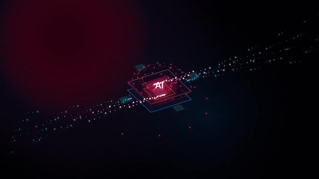 AI artificial intelligence processor microchip animation with glowing data particle streams