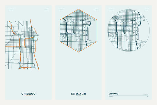 Modern Chicago city map poster set in teal and cream tones, vector illustration.