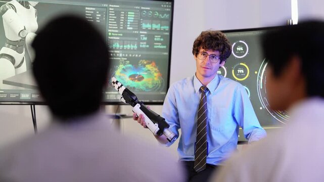 Curly-haired engineer in shirt and tie presents a bionic robotic arm to an audience seen from behind, AI dashboards on screen, during a detailed evaluation, a scene of real engineers at work