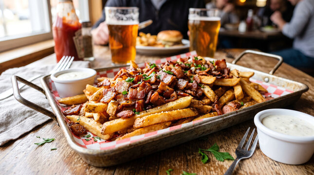 Loaded fries topped with bacon and green onions on a metal tray