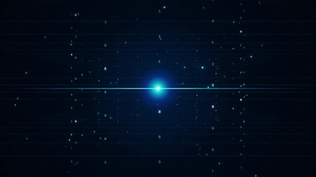 Blue digital coding data matrix grid with floating hexadecimal numbers and central bright flare ligh