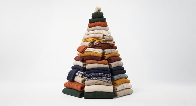 Colorful stacked folded sweaters arranged as a cozy textile pyramid on white background