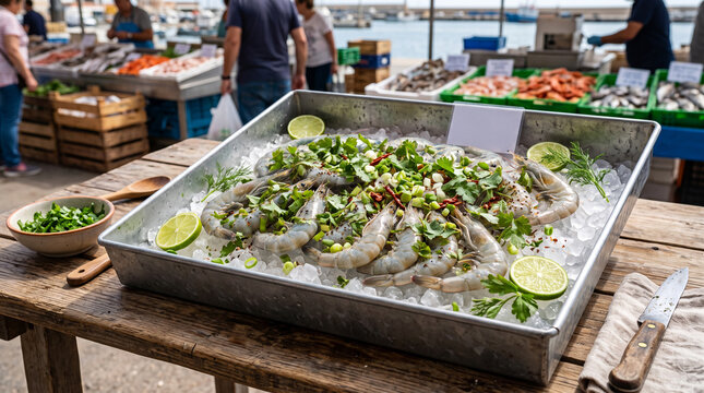 Raw shrimp with herbs and lime in metal tray at open seafood market stall